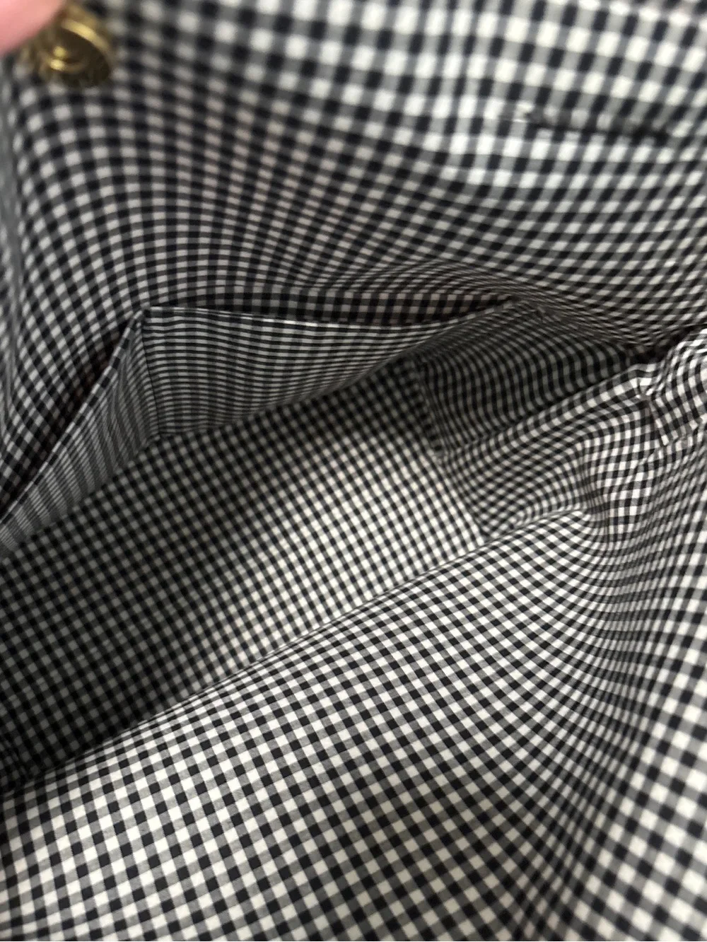 Pink Gingham Tote Bag. Black Straps. Ribbon Accent.  Lined.  Snap Closure.